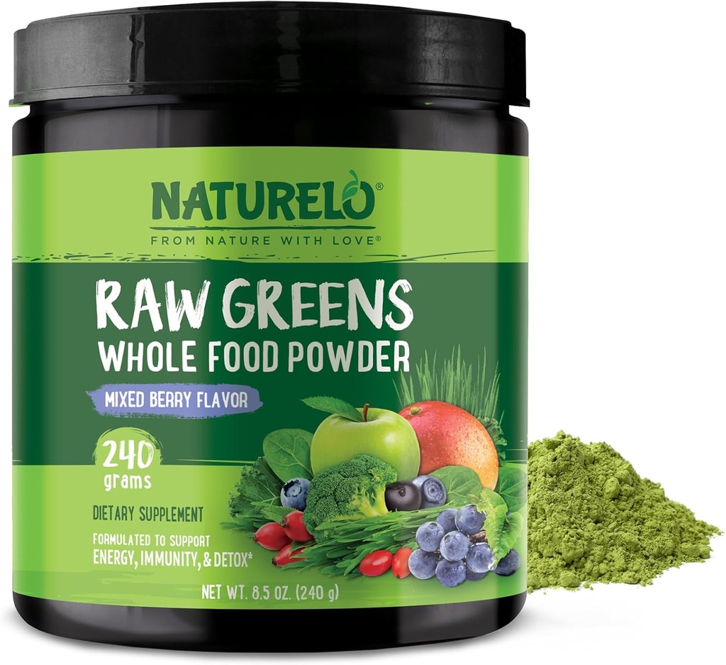 NATURELO Raw Greens Superfood Powder 240 Grams, Mixed Berry - Supports Energy, Immunity and Detox - Includes Spirulina, Wheat Grass and Organic Greens for Whole Food Nutrition