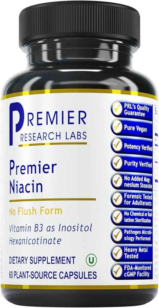Premier Research Labs Niacin - Flush Free Niacin with Inositol Hexanicotinate, Niacin No Flush, B3 Niacinamide Vitamin Supplement for Blood Circulation Support - 60 Vegetarian Capsules