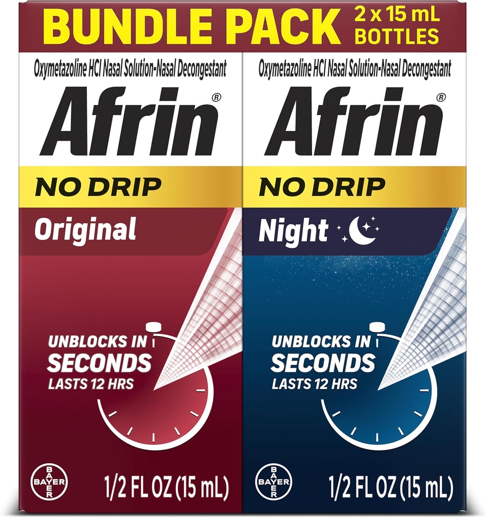 Afrin No Drip Original + Night Nasal Mist Bundle Pack, Non-Drowsy, Fast-Active Decongestant for Nasal Confusion and Sinus Pressure Relief, Adults and Children 6 and older, .5 fl oz (Pack of 2)