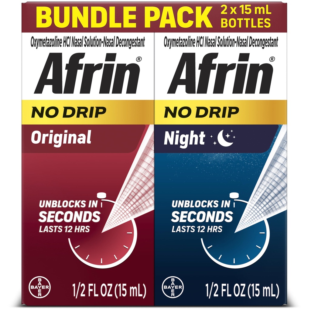 Afrin No Drip Original + Night Nasal Mist Bundle Pack, Non-Drowsy, Fast-Active Decongestant for Nasal Confusion and Sinus Pressure Relief, Adults and Children 6 and older, .5 fl oz (Pack of 2)
