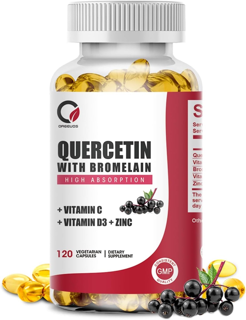 Quercetin 1000mg με Bromelain, Βιταμίνη C & D3, Ψευδάργυρος, Bromelain Quercetin συμπληρώματα για άνδρες & γυναίκες, μη ΓΤΟ & χωρίς γλουτένη, 120 κάψουλες