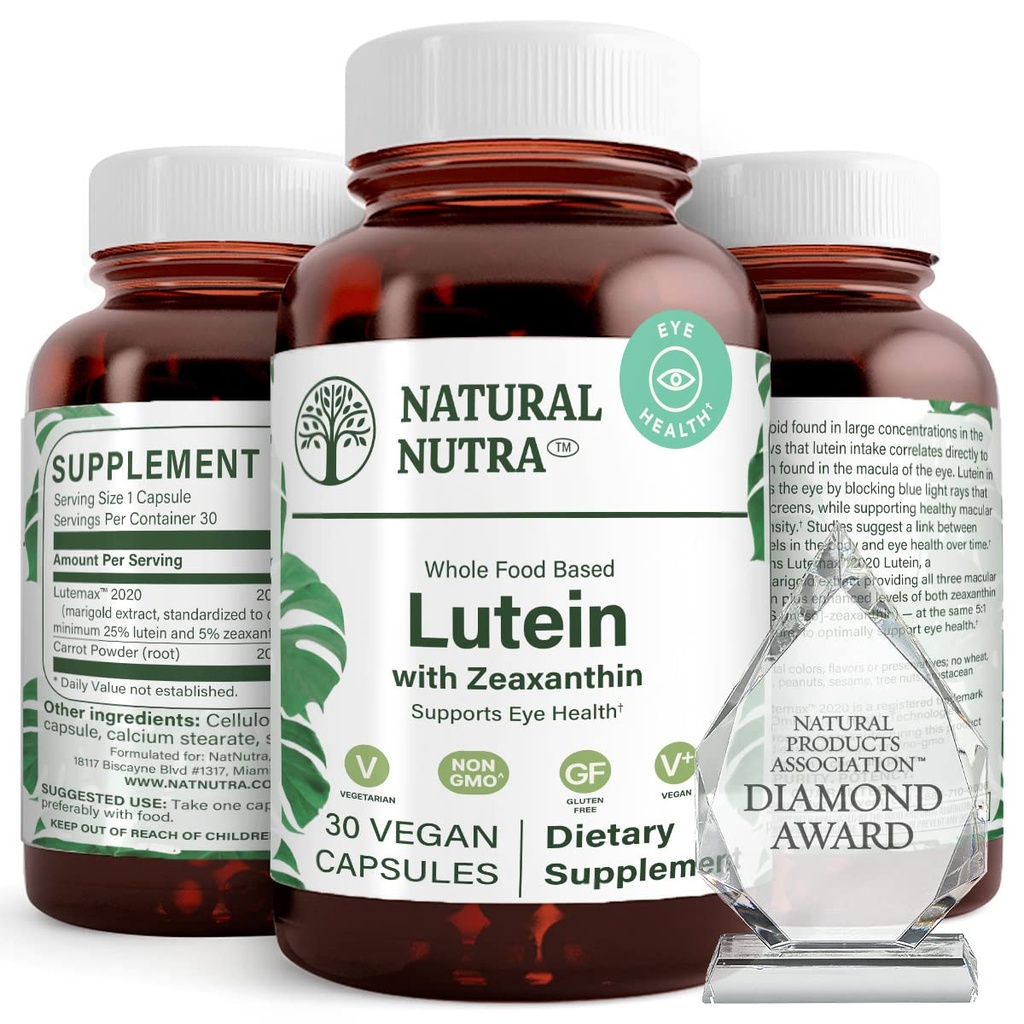 Natural Nutra Lutein και Zeaxanthin συμπλήρωμα, Διατήρηση της υγείας της όρασης, προστατεύει τα κύτταρα στα μάτια, Ενισχύστε το επίπεδο της ζεαξανθίνης & ισομερών, Υποστήριξη της υγείας των ματιών, χωρίς γλουτένη, χωρίς σόγια, 20mg - 30 κάψουλες