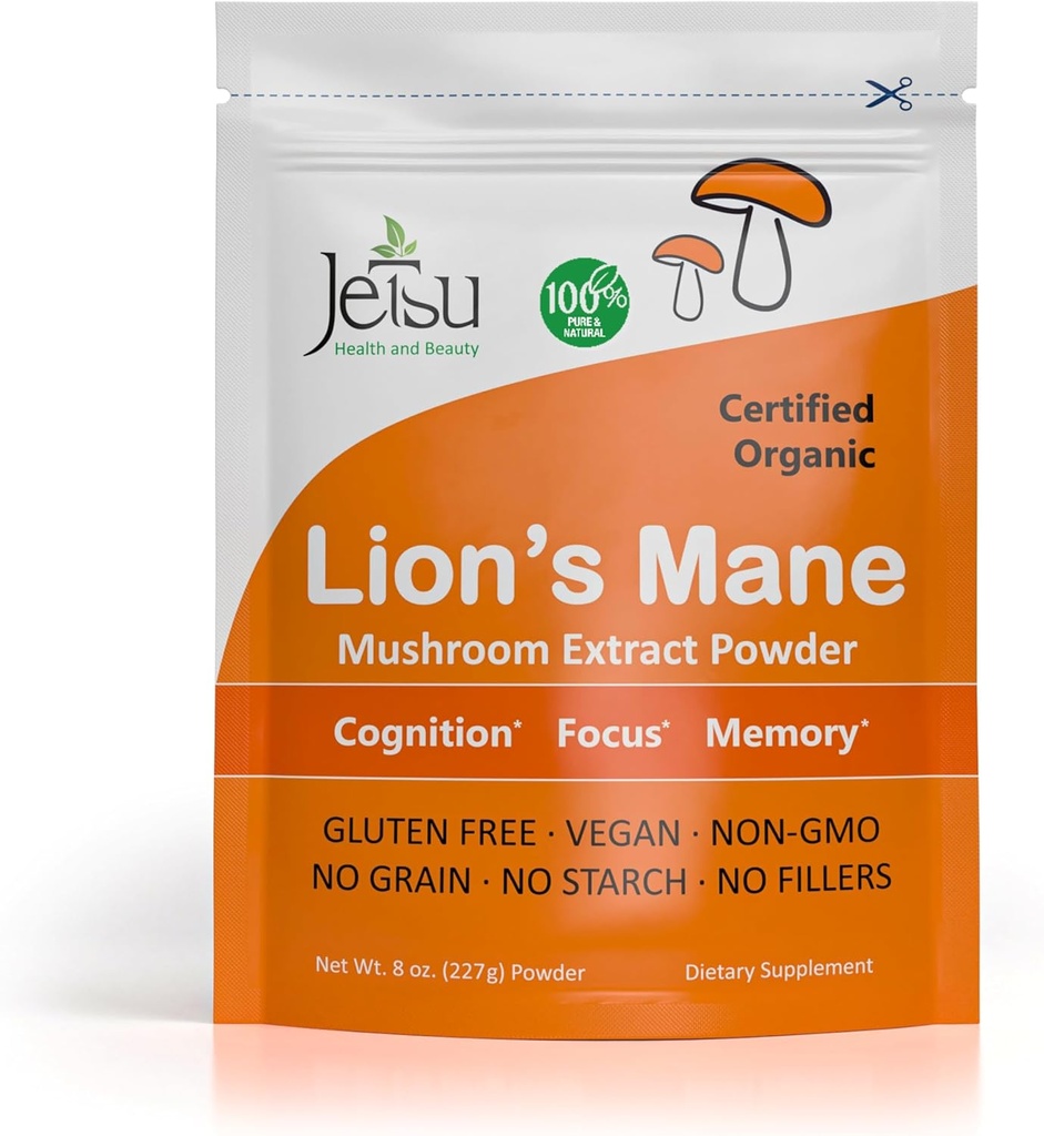 Jetsu Lions Mane Mushroom σκόνη, οργανικά, Vegan, μη ΓΤΟ συμπλήρωμα εκχύλισμα. Nootropic για να υποστηρίξει την υγεία του εγκεφάλου, την ενίσχυση της ανάπτυξης νευρώνων και το ανοσοποιητικό σας σύστημα για την σαφήνεια και την εστίαση. (227g)
