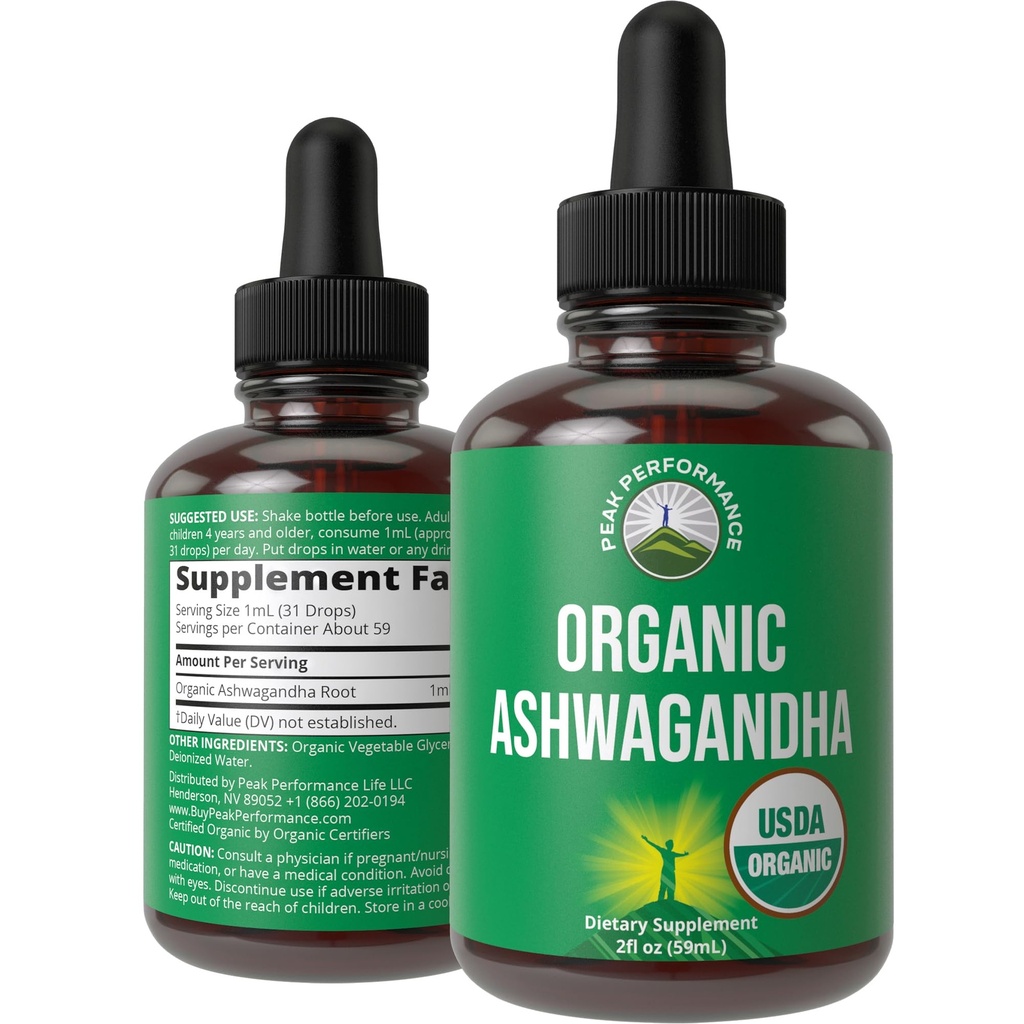 Ashwagandha Liquid Drops. USDA Organic Vegan Supplement. Extra Strength Ashwagandha Root Extract for Women, Men, Kids. with Adaptogens. Zero Sugar, Organic, Gluten Free Tincture Supplements - 2 fl oz