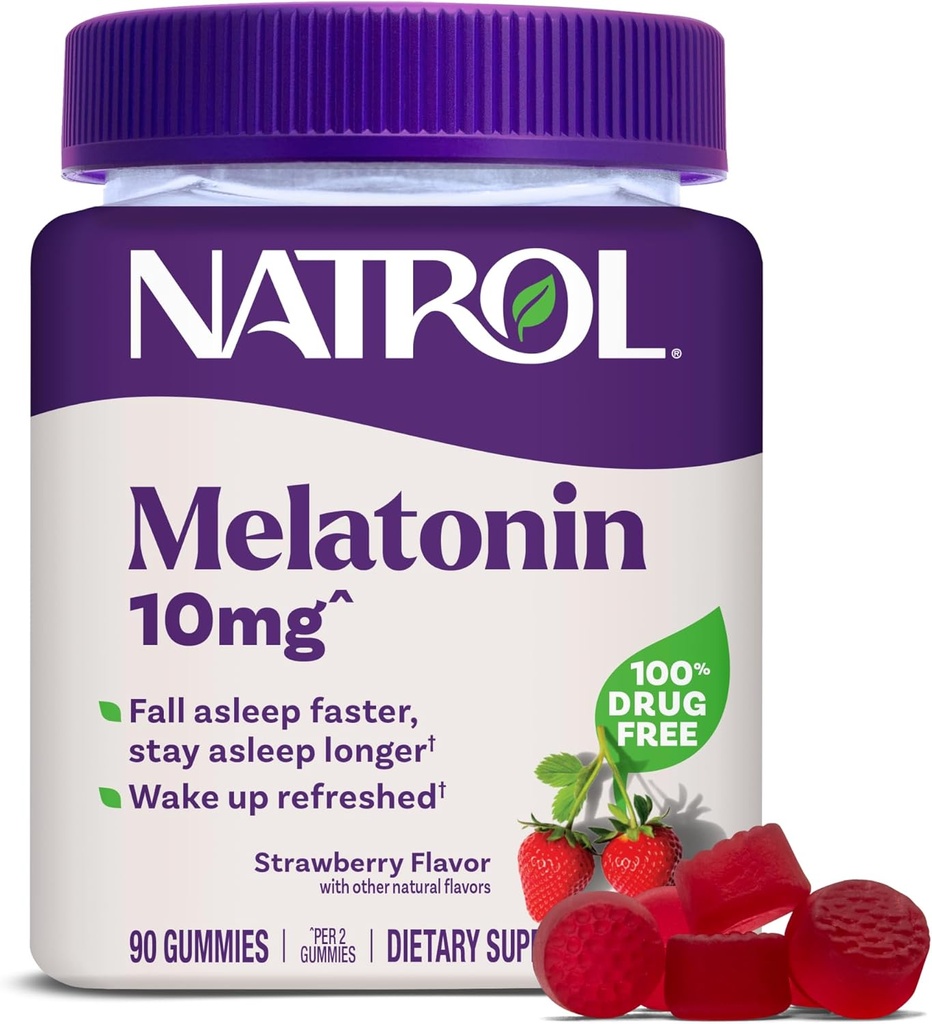 Natrol Melatonin Gummies, Υποστήριξη ύπνου, 90 Strawberry-Flavored Adult Melatonin Gummies, 10 mg Βοηθήματα ύπνου για ενήλικες