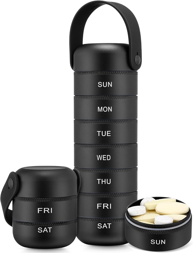 Zannaki Metal Weekly Pill Organizer, Big Travel Pill Box 7 Day, Αδιάβροχη υπόθεση ημερήσιων χαπιών με λαβή σιλικόνης, Αλουμινίου Κράμα Φορητή θήκη χαπιών για βιταμίνη, ιατρική, συμπλήρωμα, χάπια