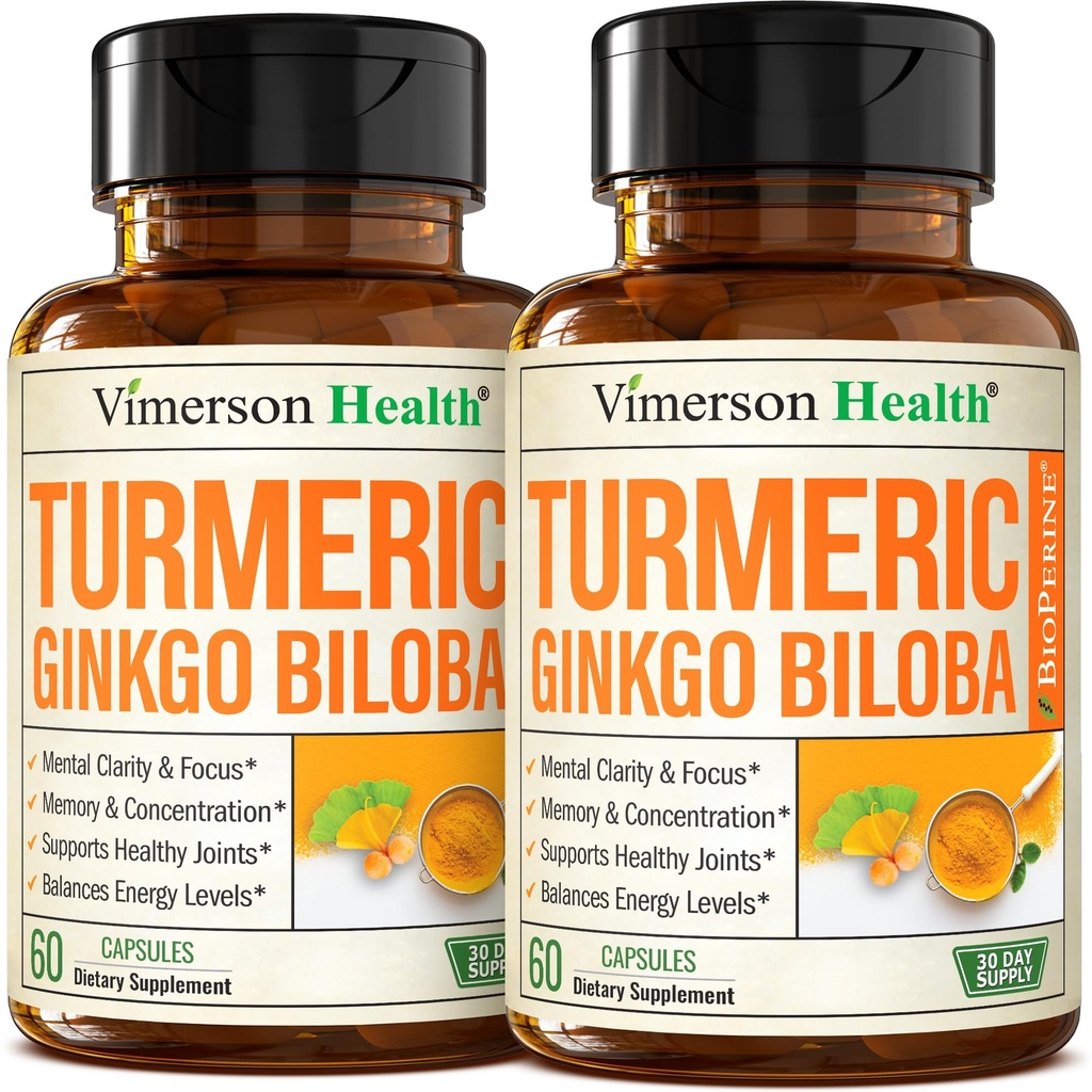 Ginkgo Biloba και Turmeric Curcumin Supplement w/Black Pepper & Organic Tumeric – Natural Turmeric Supplement for Focus, Memory, Joint & Brain Health – Vegan Ginko Biloba Κάψουλες w/Curcuma – 2 Pack