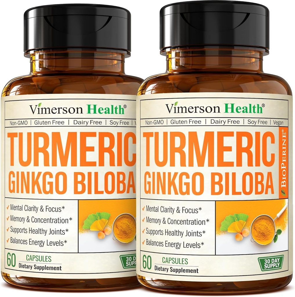 Ginkgo Biloba and Turmeric Curcumin Supplement w/Black Pepper & Organic Tumeric – Natural Turmeric Supplement for Focus, Memory, Joint & Brain Health – Vegan Ginko Biloba Capsules w/Curcuma – 2 Pack