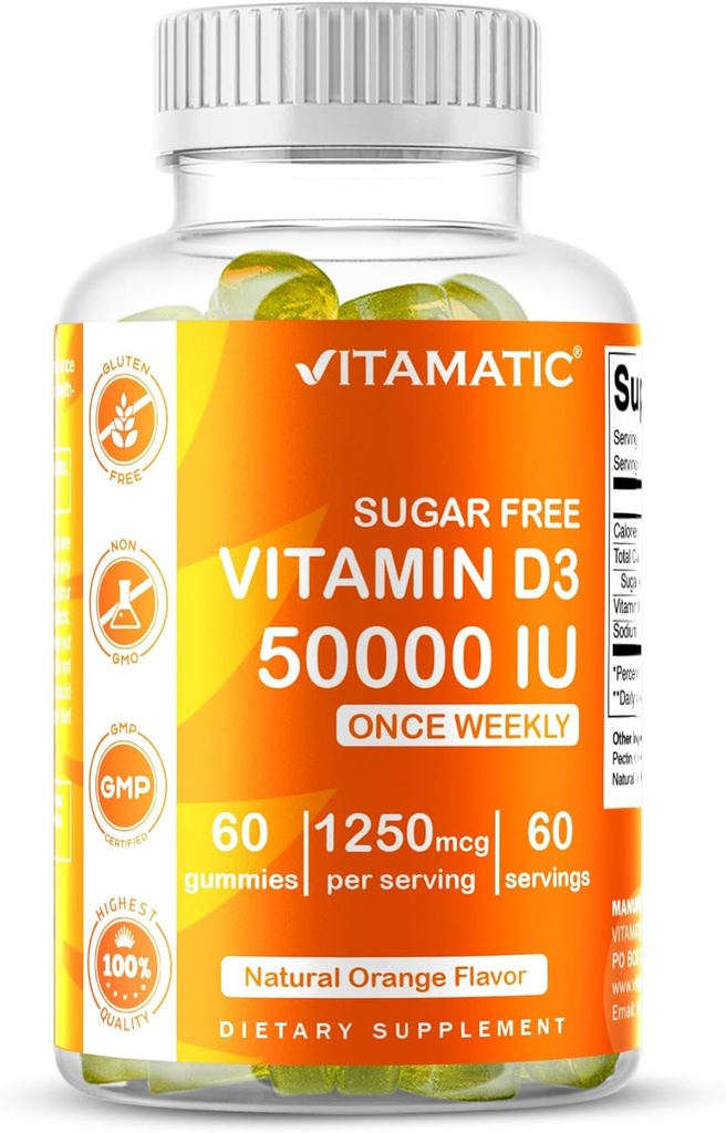 Vitamatic Sugar Free Vitamin D3 50.000 IU Εβδομαδιαίο συμπλήρωμα – 60 Pectin Based Gummies Υψηλής ισχύος Βιταμίνη D για τα οστά, δόντια & ανοσοποιητική υποστήριξη