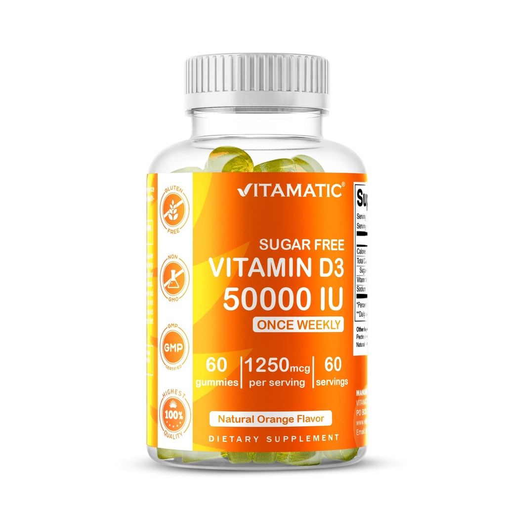 Vitamatic Sugar Free Vitamin D3 50.000 IU Εβδομαδιαίο συμπλήρωμα – 60 Pectin Based Gummies Υψηλής ισχύος Βιταμίνη D για τα οστά, δόντια & ανοσοποιητική υποστήριξη