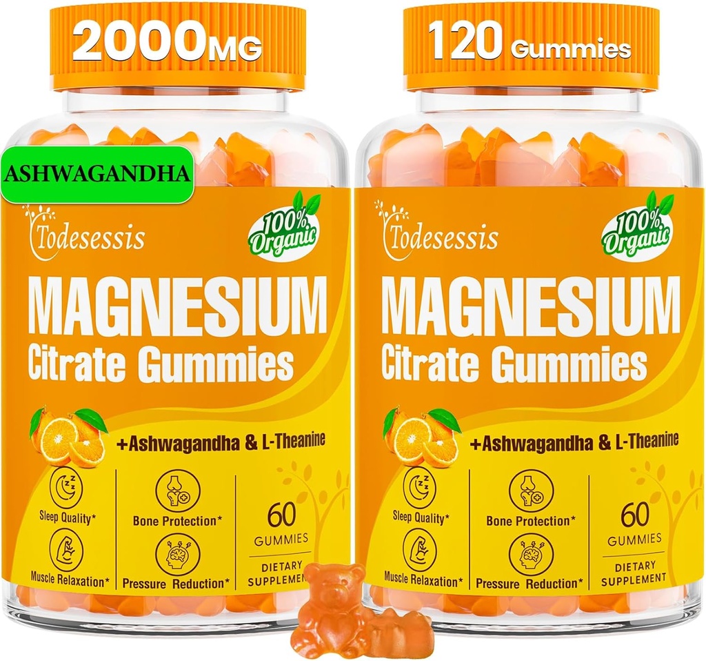 2 συσκευασίες - Μαγνήσιο Κιτρικό Gummies για γυναίκες και άνδρες, Υψηλή απορρόφηση Μαγνήσιο Gummies με Ashwagandha & L-Θεανίνη, για Ανοσία, Μυς & Υγεία των οστών - Vegan, Χαμηλή Ζάχαρη, 120 Counts