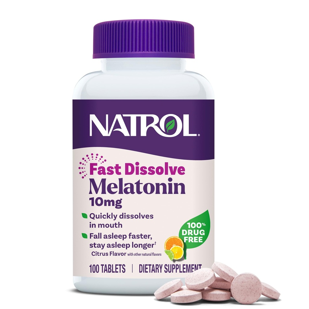 Natrol Fast Dissolve Melatonin 10 mg, Συμπληρώματα μελατονίνης για τον Ξεκούραστο Ύπνο, Υποστήριξη ύπνου για Ενήλικες, 100 Citrus-Flavored Tablets, Μέχρι 100 ημέρες προσφοράς