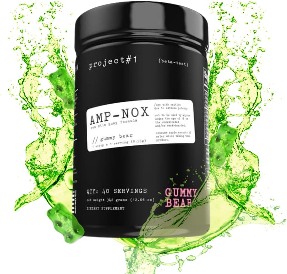Project #1 AMP-NOX: Μη-Stim Pre Workout Powder - Boost Focus, Pump, & Energy - Caffeine Free Protein Drink with Amino Acids for Men & Women - Gummy Bear Flavor - 40 Μερίδες