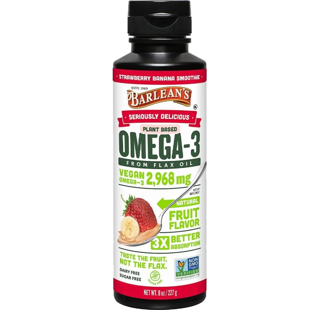Barlean's Φράουλα flaxseed Oil Liquid, Vegan Omega 3 6 9 Συμπληρώματα για παιδιά & ενήλικες από κρύο πιεσμένο λάδι flax με 2,968 mg Vegan Omegas, Non-GMO & Gluten Free, 8 oz