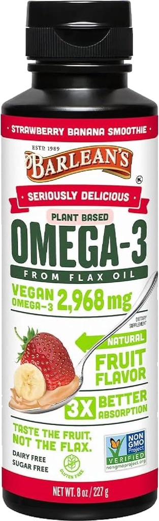 Barlean's Φράουλα flaxseed Oil Liquid, Vegan Omega 3 6 9 Συμπληρώματα για παιδιά & ενήλικες από κρύο πιεσμένο λάδι flax με 2,968 mg Vegan Omegas, Non-GMO & Gluten Free, 8 oz
