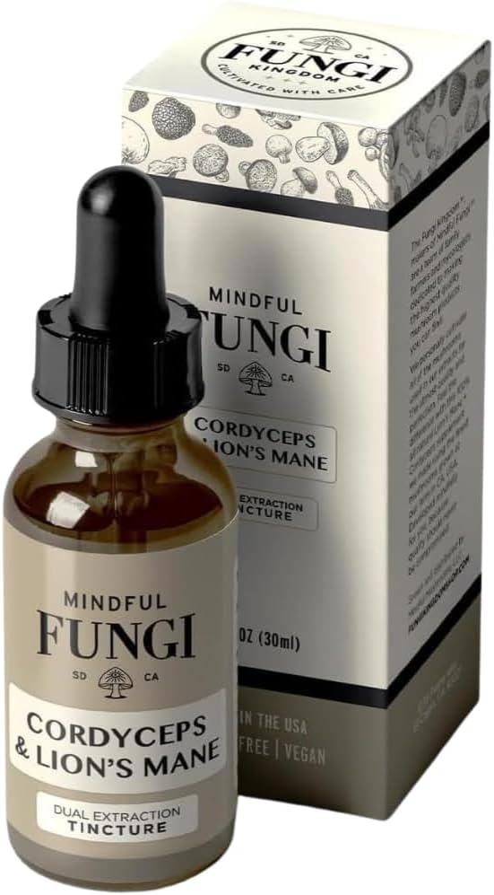 Mindful Fungi Lion's Mane Cordyceps Mushroom Supplement, Vegan Lion's Mane Liquid Extract, Brain Support Supplement, Natural Energy and Stamina Support (1 Fl Oz)