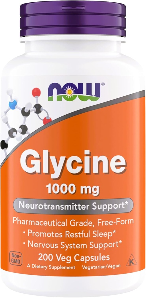 NOW Τρόφιμα Γλυκίνη 1000mg, Free-Form Pharmaceutical Grade, Neurotransmitter Support*, Προάγει τον ξεκούραστο ύπνο*, Χωρίς γλουτένη, Vegan, Kosher 200 Χορτοφαγικές κάψουλες (Pack of 1)