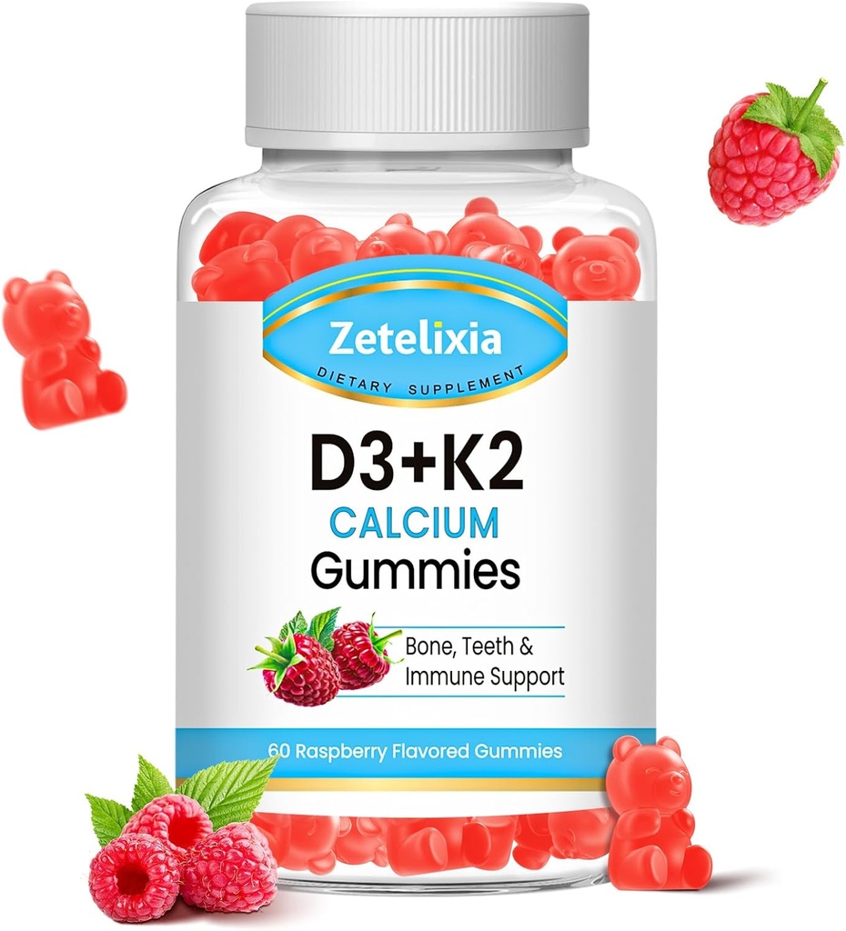 Βιταμίνη χωρίς ζάχαρη D3 K2 Gummies, Βιταμίνη D3 2000 IU, K2 (MK7) 120mcg, Ασβέστιο 600 mg με Βιταμίνη D3, Υποστήριξη B0ne & Ανοσοποιητική Υγεία, Vegan, Χωρίς γλουτένη, Βατόμουρο Γεύση, 60 Count