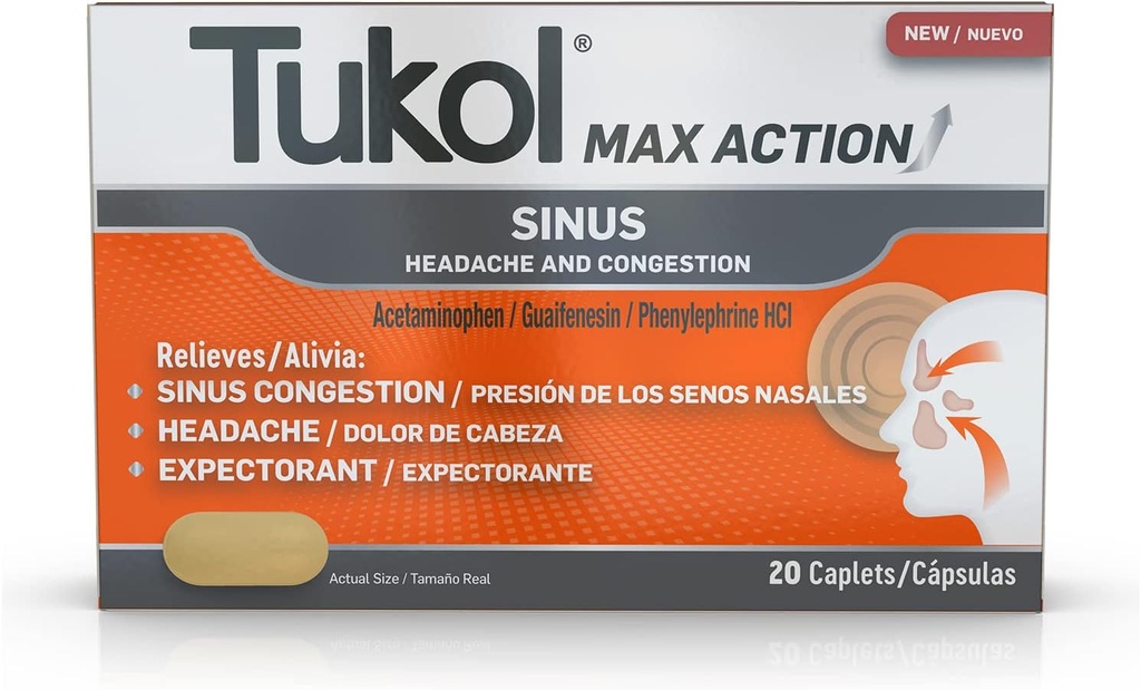 TUKOL Max Action Sinus, Congestion & Pressure Caplets for Pain, Headache Relief, Expectorant, Non-Drowsy, 20 Count