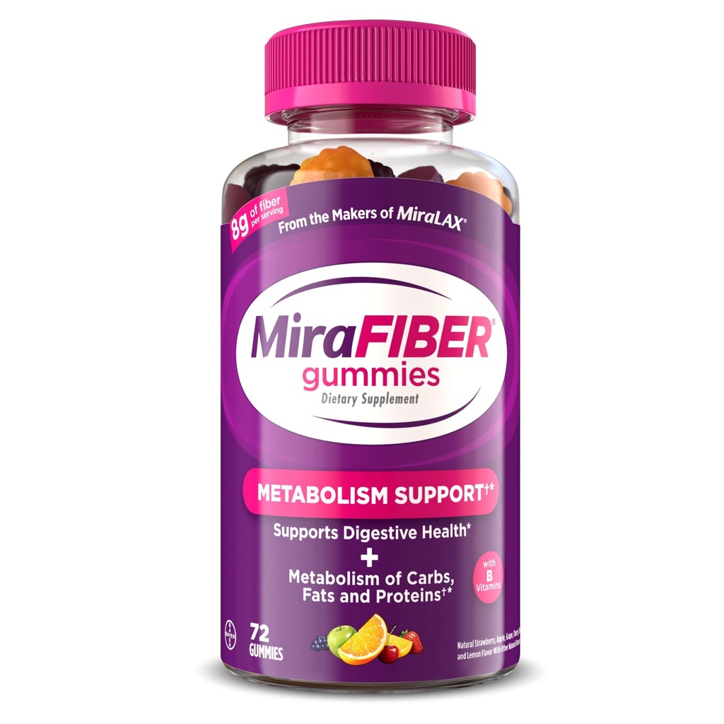 MiraFIBER Gummies from The Makers of MiraLAX, 8g of Daily Fiber Per Serving, Metabolism Support with B Vitamins, Gut Health for Men & Women,Prebiotic Fiber Gummies for Adults, Mixed Fruit Flavor 72Ct