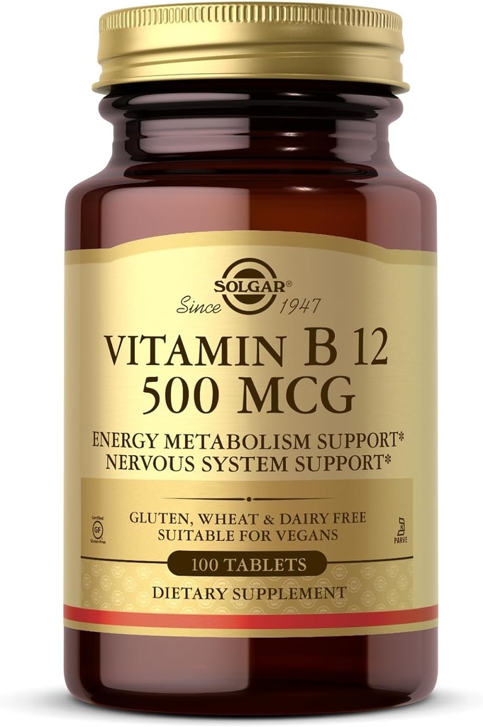 Solgar Vitamin B12 500 mcg - 100 δισκία - Vegan, Χωρίς γλουτένη, χωρίς γαλακτοκομικά, Kosher - 100 σερβιέτες