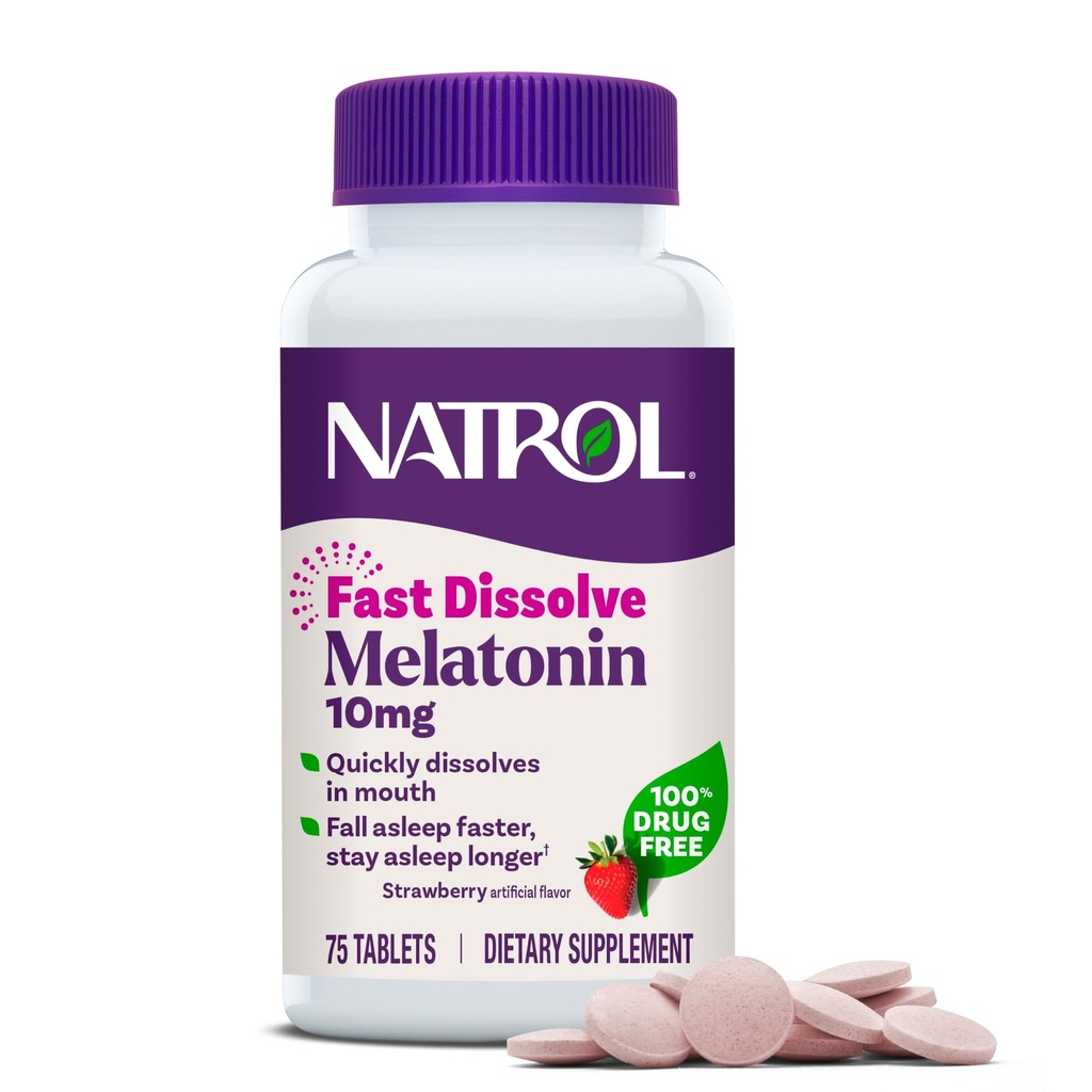 Natrol Fast Dissolve Melatonin 10 mg, Συμπληρώματα μελατονίνης για τον Ξεκούραστο Ύπνο, Υποστήριξη ύπνου για Ενήλικες, 75 φράουλα-Flavored Tablets, Μέχρι 75 ημέρες προσφοράς