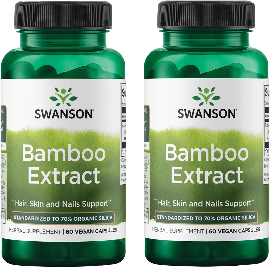 Swanson Bamboo Extract - Φυσικό συμπλήρωμα μαλλιών, δέρματος και νυχιών - 70% Silica Περιεχόμενο Υποστήριξη Σχηματισμός και ανάπτυξη οστών - (60 κάψουλες λαχανικών, 300mg έκαστο) (2 Συσκευασία)