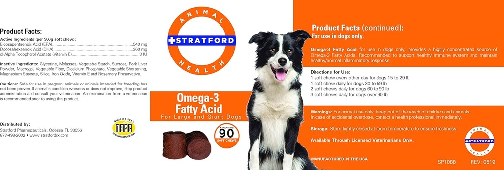 Stratford Pharmaceuticals EZ Chew Omega 3 Λιπαρά Οξέα Μαλακό Μασά Max δύναμη - Σκύλος Ωμέγα 3 συμπλήρωμα - Μαλακό Μασάμες με ιχθυέλαιο για σκύλους - Μεγάλα και γιγαντιαία σκυλιά - 90 Μαλακά μάσημα