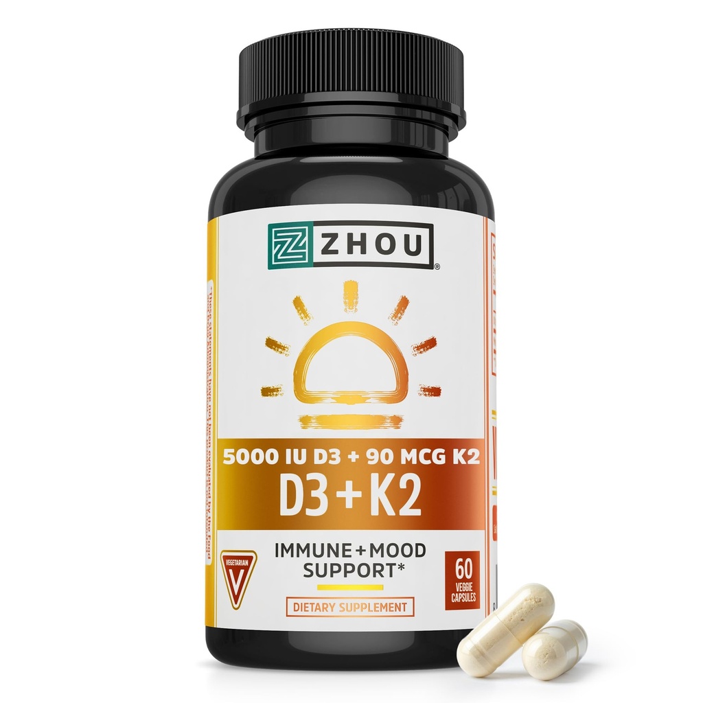 Zhou D3+K2 - Βιταμίνη D3 K2 συμπλήρωμα για γυναίκες & άνδρες, ανοσοποιητική υποστήριξη Vit D3 και K2 συμπληρώματα, καθαρή χορτοφαγική φόρμουλα με 5000 IU D3 και MK-7 - 60 κάψουλες λαχανικών (πακέτο του 1)