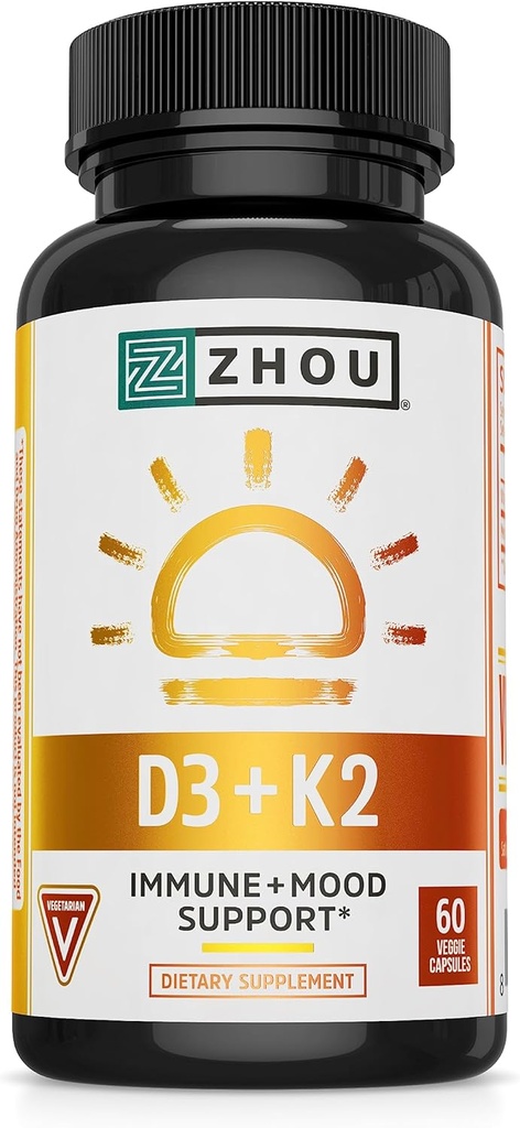 Zhou D3+K2 - Vitamin D3 K2 Supplement for Women & Men, Immune Support Vit D3 and K2 Supplements, Pure Vegetarian Formula with 5000 IU of D3 and MK-7 - 60 Veggie Capsules (Pack of 1)