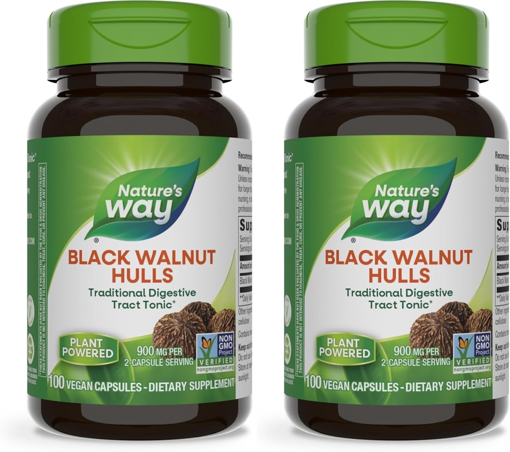 Nature's Way Black Walnut Hulls, Traditional Digestive Tract Tonic*, 900 mg ανά 2-Capsule Serving, Μη-GMO Project Επαληθευμένο, Vegan, 100 κάψουλες (Packing May Vary) (Pack of 2)