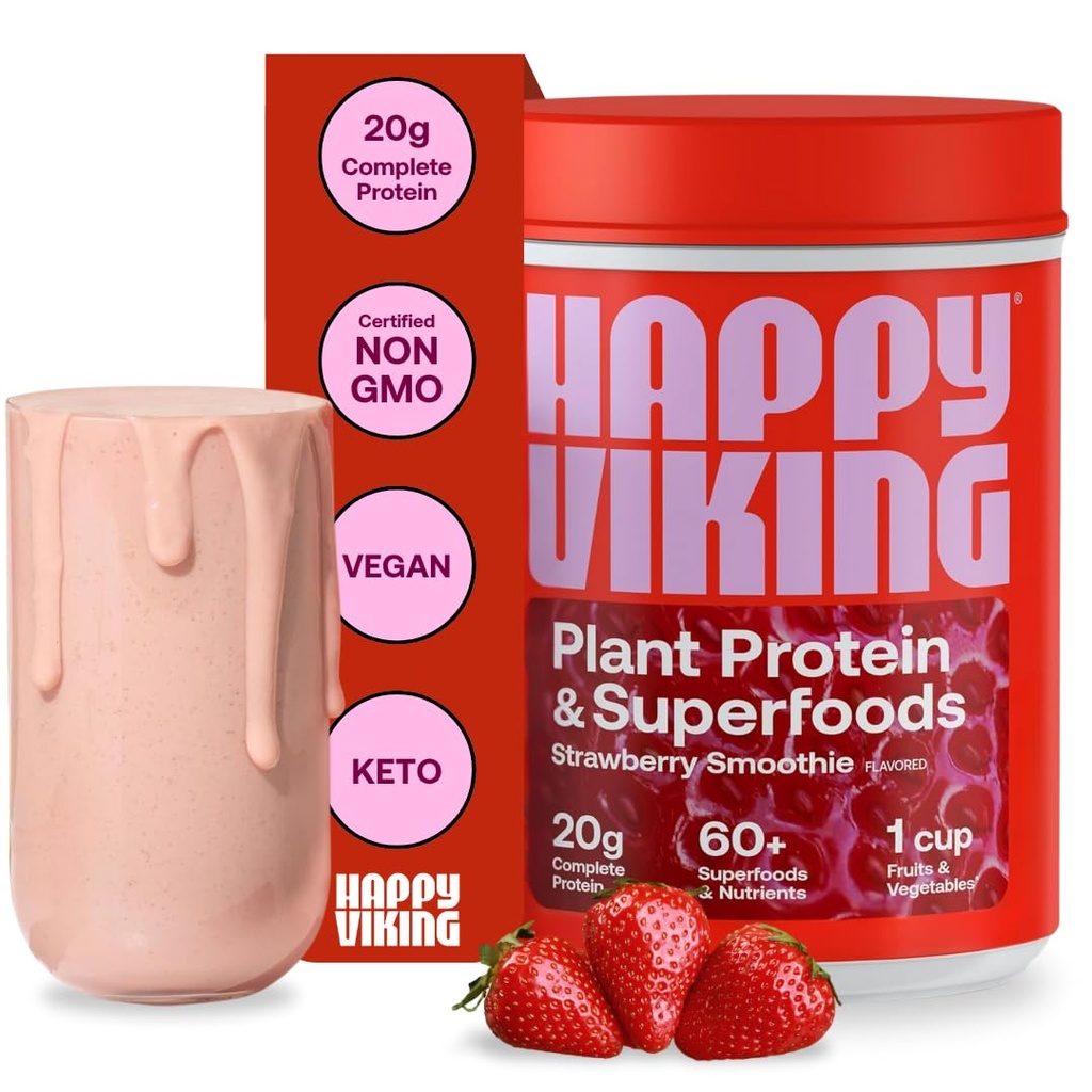 Happy Viking Strawberry Protein + Superfoods Powder, Δημιουργήθηκε από Venus Williams, 20G Protein, Low Carb, Keto, Vegan, Gluten-free, Non-GMO, Superfoods, Complete Meal Replacement, 1 Canister (24 oz.)