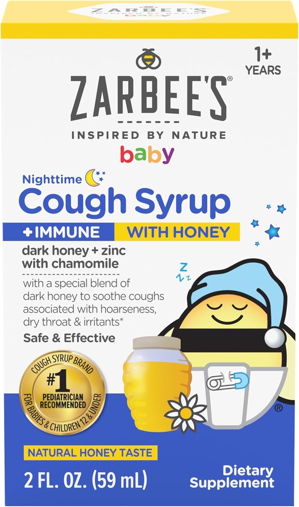 Zarbee's Baby Nighttime Cough Syrup + Immune, Baby Cough Syrup with Dark Honey + Ψευδάργυρος & Χαμομήλι, για Τόντλερς, Χωρίς Φάρμακα ή Τεχνητές Γεύσεις, Φυσική Γεύση Μέλι, 2 fl. oz