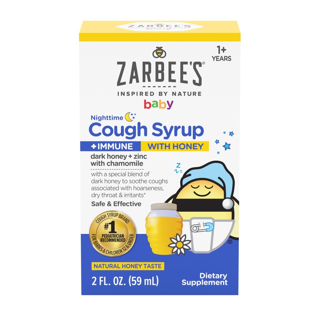 Zarbee's Baby Nighttime Cough Syrup + Immune, Baby Cough Syrup with Dark Honey + Zinc & Chamomile, for Toddlers, No Drugs or Artificial Flavors, Natural Honey Taste, 2 fl. oz