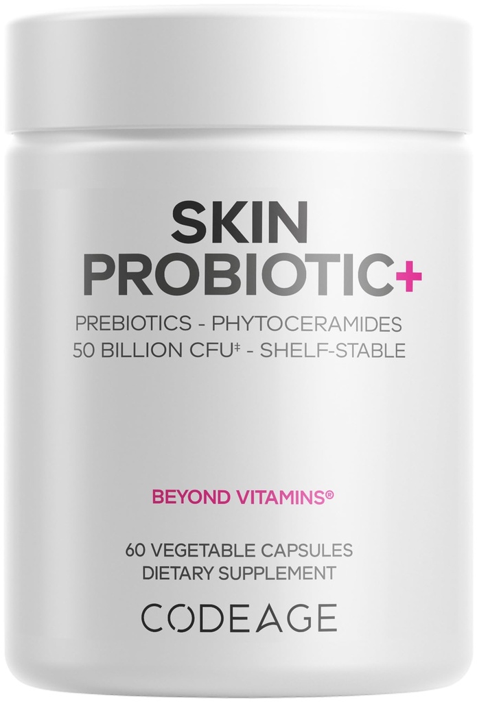 Codeage Skin Probiotics + Prebiotics - Skin Care Routine Supplement - 50 Billion CFU - Αγιουρβεντικά Βοτανικά Βότανα - Προβιοτικά προσώπου - Σταθερός Καθαριστής, Μη ΓΤΟ, Vegan - 60 Κάψουλες