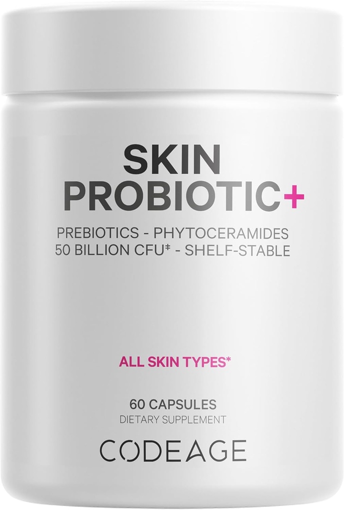 Codeage Skin Probiotics + Prebiotics - Skin Care Routine Supplement - 50 Billion CFU - Αγιουρβεντικά Βοτανικά Βότανα - Προβιοτικά προσώπου - Σταθερός Καθαριστής, Μη ΓΤΟ, Vegan - 60 Κάψουλες