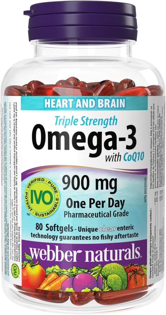 Webber Naturals Τριπλή Δύναμη Ωμέγα-3 με CoQ10 εντερική επικάλυψη 900 mg Ωμέγα-3 (EPA • DHA) / 100 mg CoQ10, 80caps