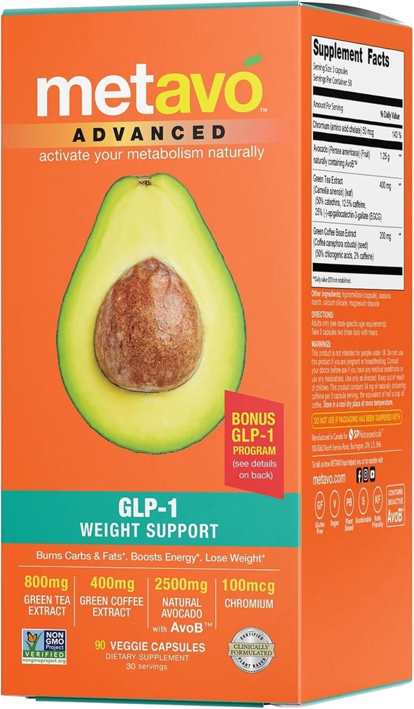 Metavo Advanced Weight Support – Φυσικά συμπληρώματα διατροφής με απαραίτητα θρεπτικά συστατικά για την προώθηση της ευεξίας, εμπλουτισμένα με Avocados, πράσινο τσάι, χρώμιο και πράσινο καφέ, 90 Εύκολα-σε-Swallow χάπια διατροφής