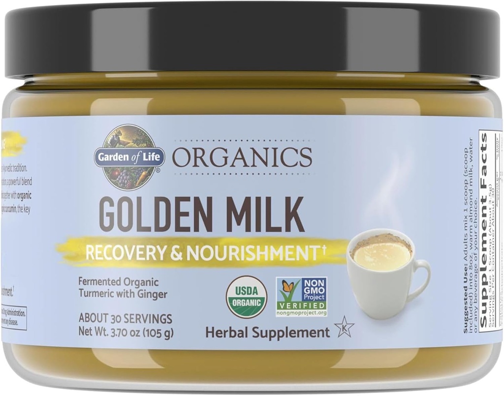 Garden of Life Organics Golden Milk Recovery & Nourishment Powder - 44mg κουρκουμίνη κουρκουμίνη (95% κουρκουμινοειδή), Ashwagandha - Βιολογικά συμπληρώματα βοτάνων και χωρίς γλουτένη, 30