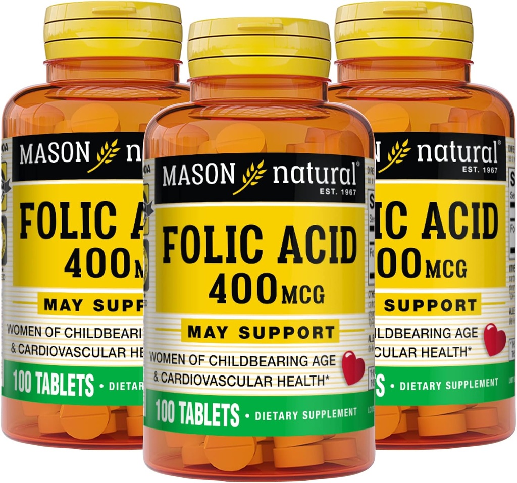 Mason Natural Folic Acid 400 mcg, ημερήσιο συμπλήρωμα υγείας, διάθεσης και προγεννητικής φροντίδας, για γυναίκες τεκνοποίησης, 100 δισκία (πακέτο των 3)