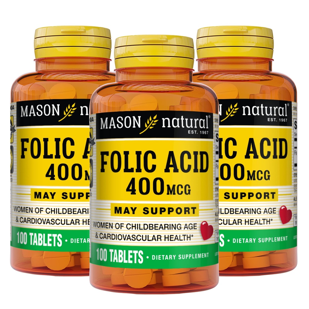 Mason Natural Folic Acid 400 mcg, ημερήσιο συμπλήρωμα υγείας, διάθεσης και προγεννητικής φροντίδας, για γυναίκες τεκνοποίησης, 100 δισκία (πακέτο των 3)