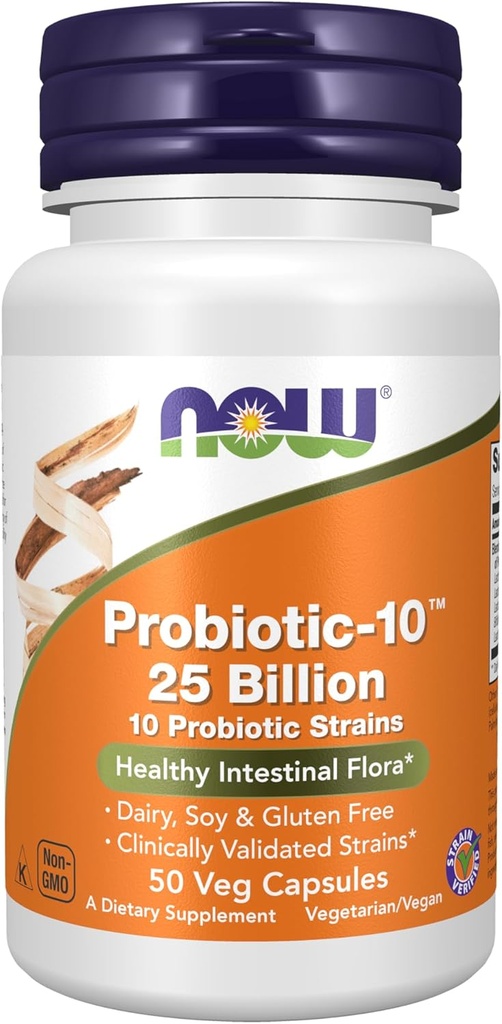 NOW Συμπληρώματα Τροφίμων, Probiotic-10TM, 25 δισεκατομμύρια, με 10 Probiotic Strains, Γαλακτοκομικά, Σόγια και Χωρίς Γλουτένη, Striin Επαληθευμένο, 50 κάψουλες Veg