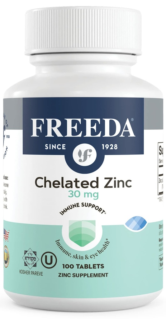 Freeda Chelated Zinc 30mg – TRAACS® Ψευδάργυρος Διγλυκινικός για Υψηλή Απορρόφηση – Vegan, Kosher, Απαλός στο στομάχι – Ανοσοποιητική Υποστήριξη για Ενήλικες, Άνδρες και Γυναίκες – 100 Tiny Tablets