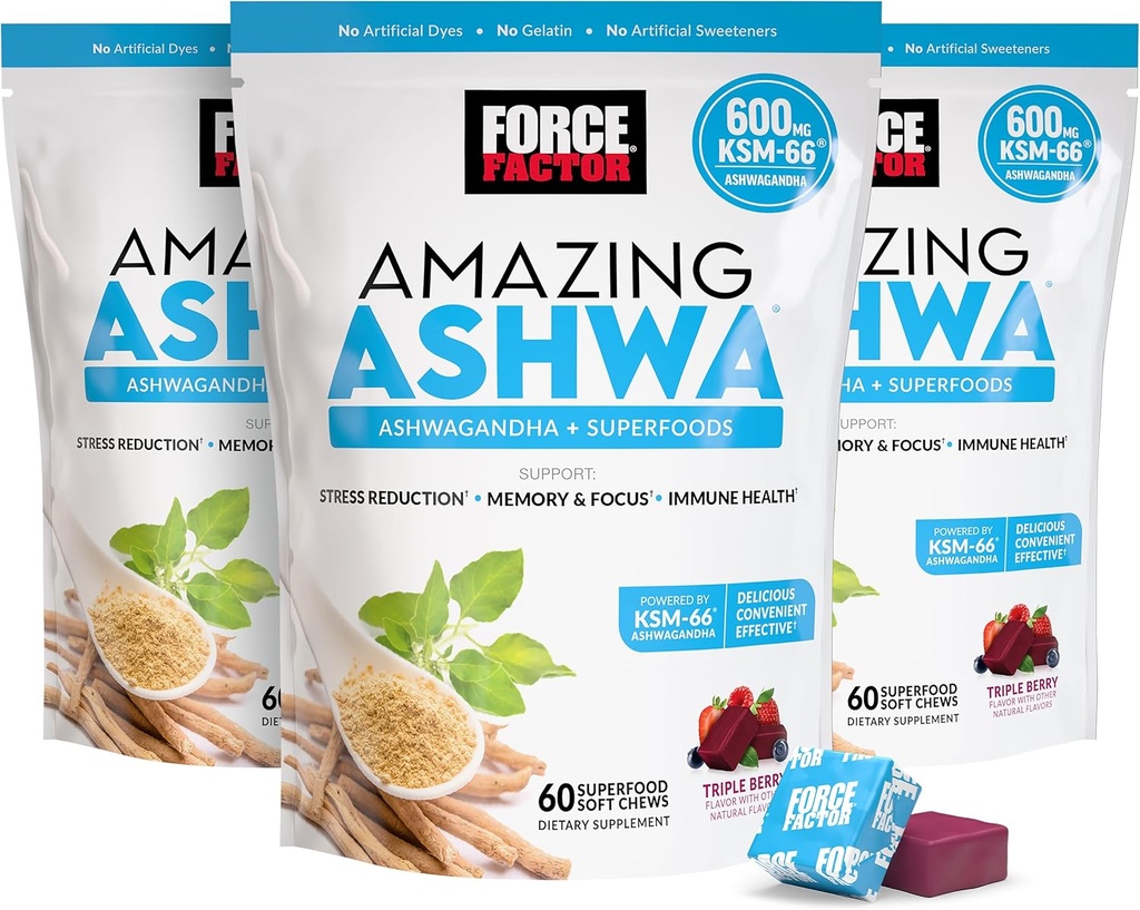 FORCE FACTOR Amazing Ashwa για την ανακούφιση από το στρες, τη μνήμη, την εστίαση, και ανοσοποιητική υποστήριξη Υγεία, Ashwaganda συμπλήρωμα με KSM-66 Ashwagandha για το στρες, 180 μαλακά μάσημα