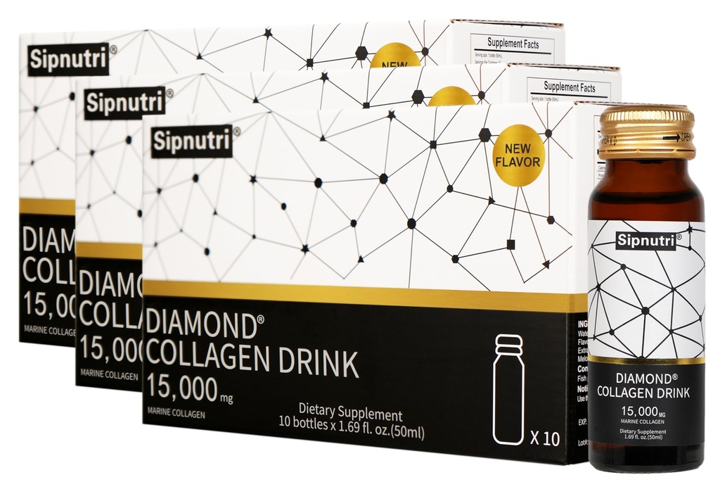Diamond Liquid Collagen Drink, 15000 mg Hydrolyzed Marine Collagen Peptides with Vitamin C, Ρόδι, Healthy Hair Skin Nails Joins Bones Support, 50 ml x 10 Bottles (3 Boxes)