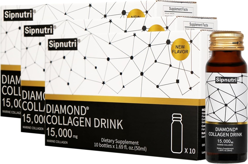 Diamond Liquid Collagen Drink, 15000 mg Hydrolyzed Marine Collagen Peptides with Vitamin C, Ρόδι, Healthy Hair Skin Nails Joins Bones Support, 50 ml x 10 Bottles (3 Boxes)