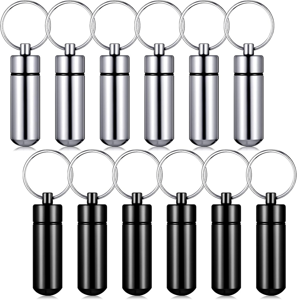 Patelai 12 PCs Φορητό Keychain Hill θήκη τσέπης Mini Pocket Hill για άνδρες γυναίκες Geocache Containers Αδιάβροχη μεταλλική ιατρική μπουκάλι Organizer για το εξωτερικό ταξίδι Camping (μαύρο και ασημένιο)