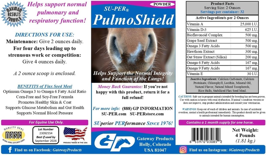 SU-PER PulmoShield συμπλήρωμα αναπνευστικού αλόγου - Υποστηρίζει υγιή λειτουργία πνευμόνων στα άλογα - Κανονική πνευμονική και αναπνευστική υποστήριξη - Βιταμίνες ίππων & Ορυκτά - 4 Λίρες, (2 Πακέτο)