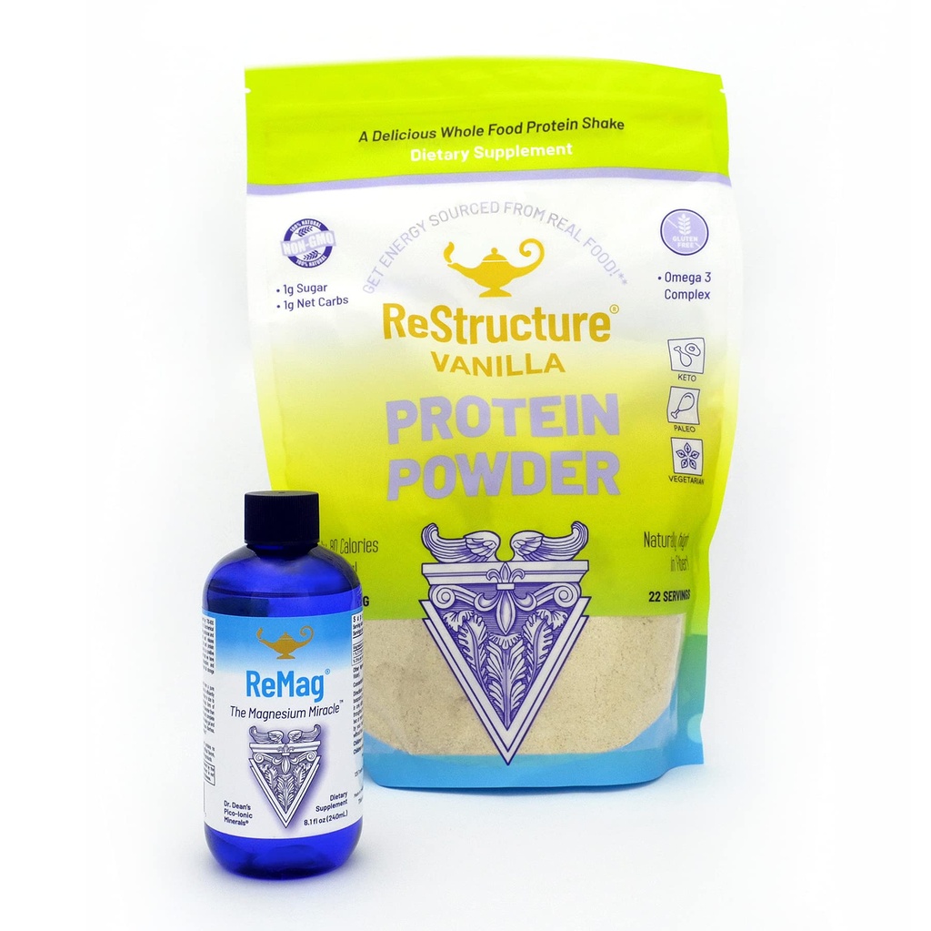 RnA ReSet Performance Bundle – ReMag Liquid Magnesium 8.1oz & ReStructure Vanilla Whey Protein 594g, Mus Recovery & Fitness Support (2 Formulas)