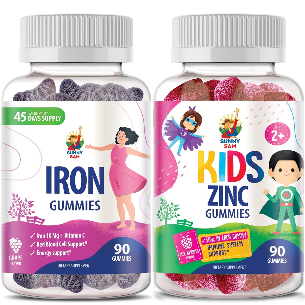 SUNNY SAM Zinc Gummies for Kids & Iron Gummies for Adults, Iron Vitamins with Vitamin C